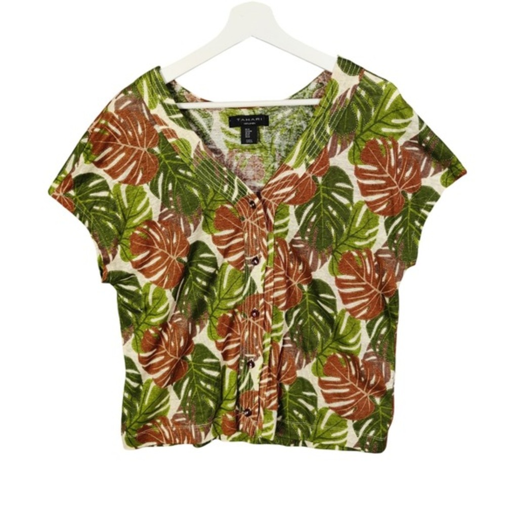 Tahari Womens Tropical Coastal 100% Linen Top M Green Brown Monstera Leaf Shirt